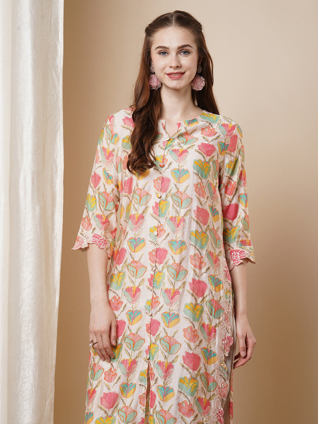 Solid Ethnic Floral Thread Embroidered Straight Fit Co-ord Set - Multi