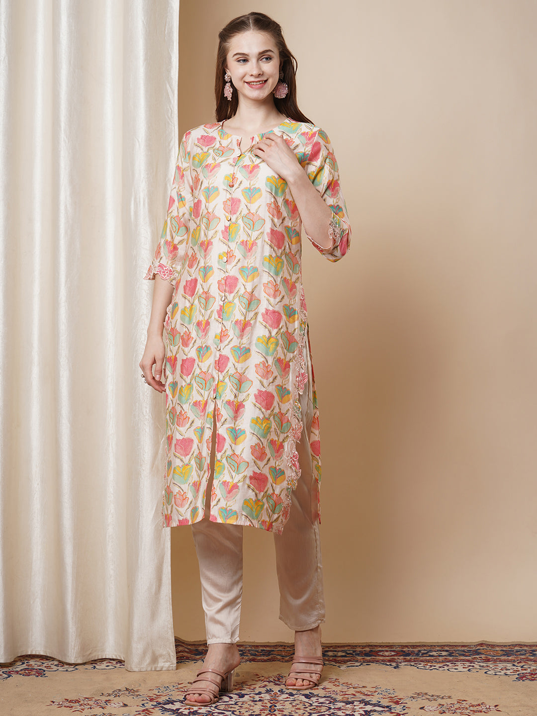 Solid Ethnic Floral Thread Embroidered Straight Fit Co-ord Set - Multi