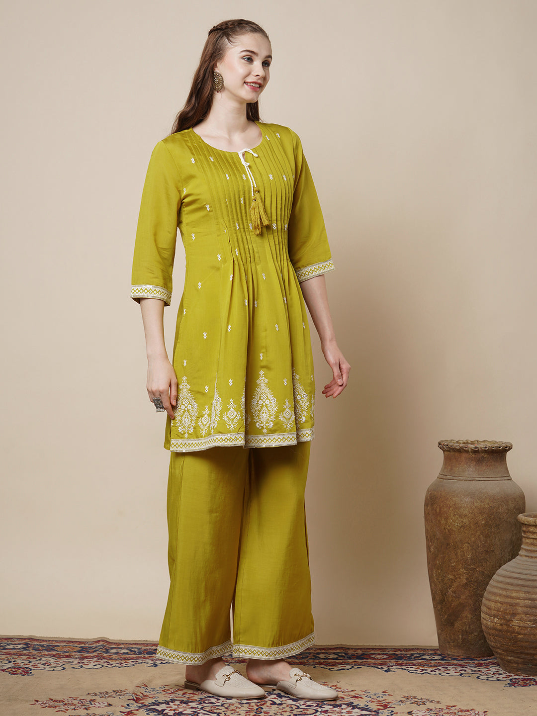 Solid Pin Tucked & Embroidered A-Line Co-ord Set - Lime Green