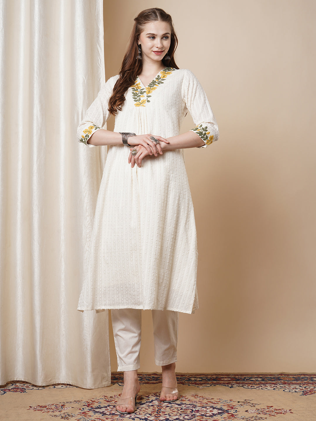 Solid Bold Floral Threadwork Cotton Dobby A-Line Pleated Kurta with Pant - White