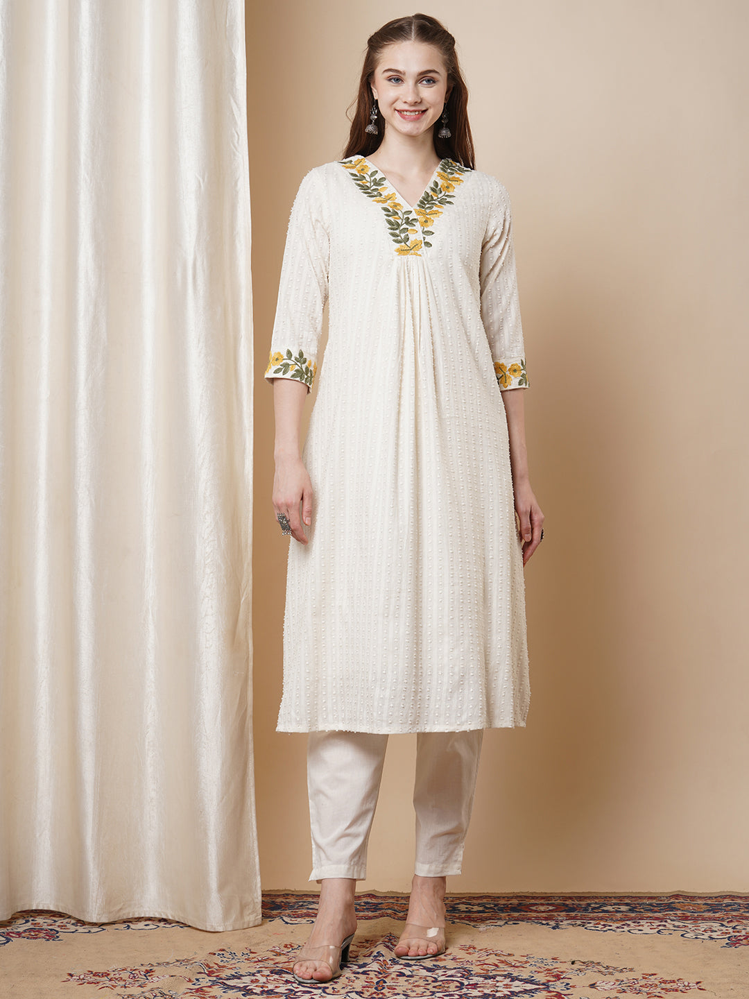 Solid Bold Floral Threadwork Cotton Dobby A-Line Pleated Kurta with Pant - White