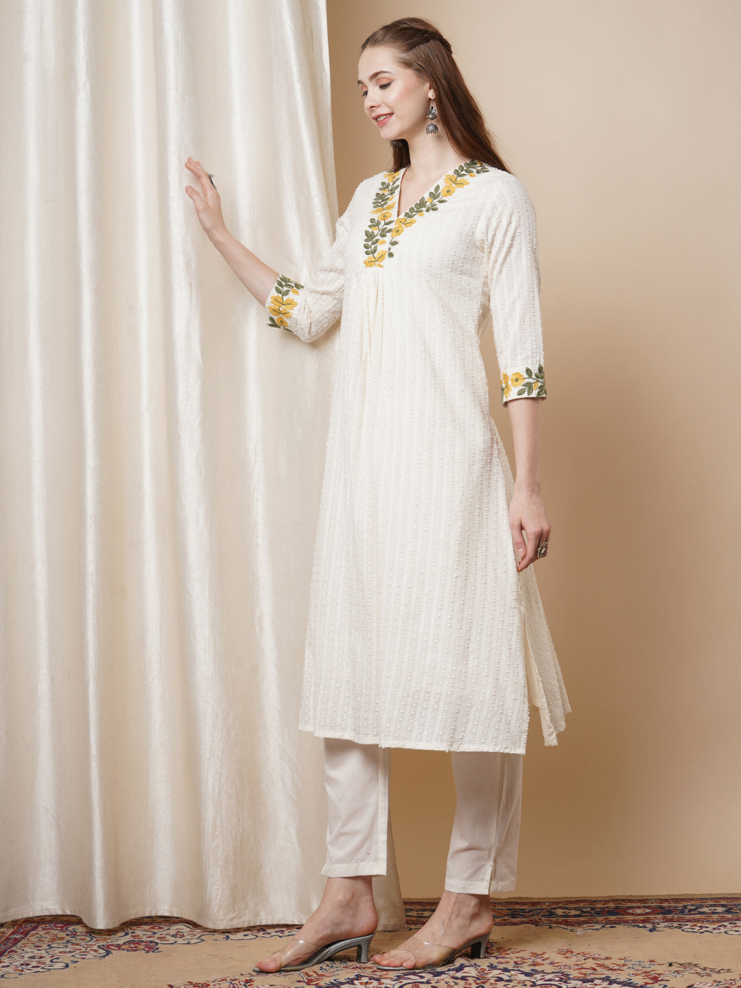 Solid Bold Floral Threadwork Cotton Dobby A-Line Pleated Kurta with Pant - White