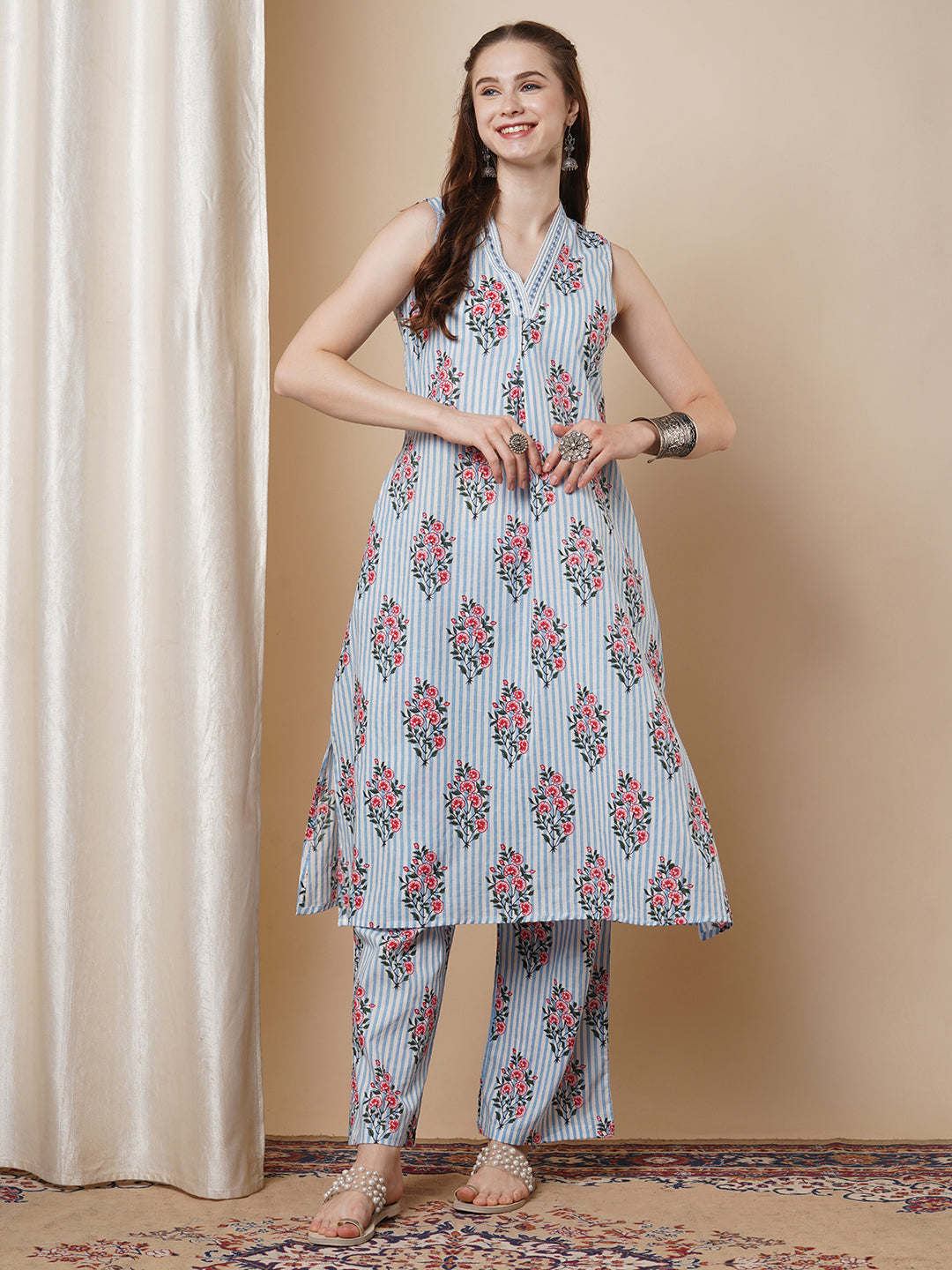 Floral & Stripes Printed & Embroidered A-Line Pleated Co-ord Set - Blue