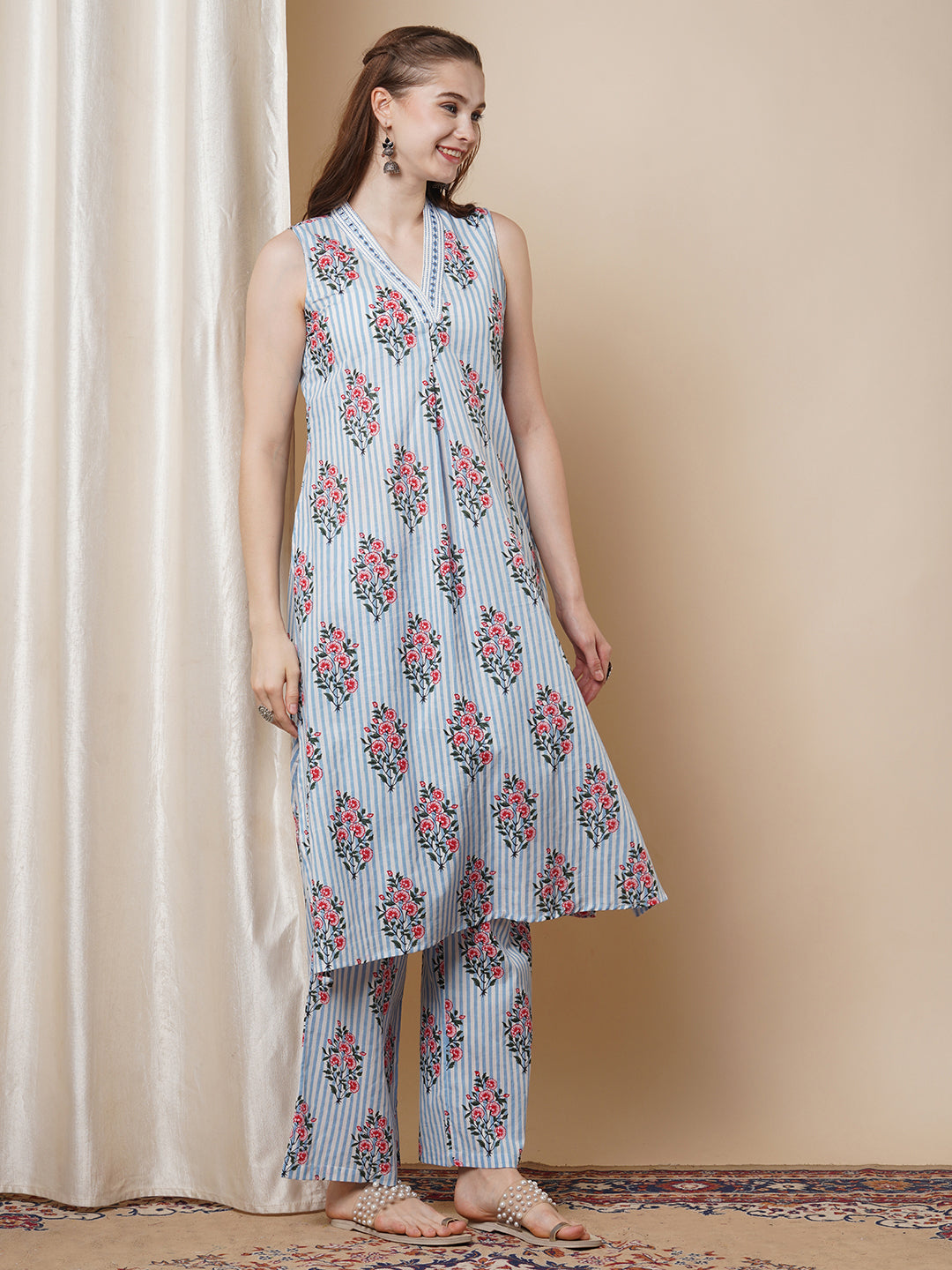 Floral & Stripes Printed & Embroidered A-Line Pleated Co-ord Set - Blue