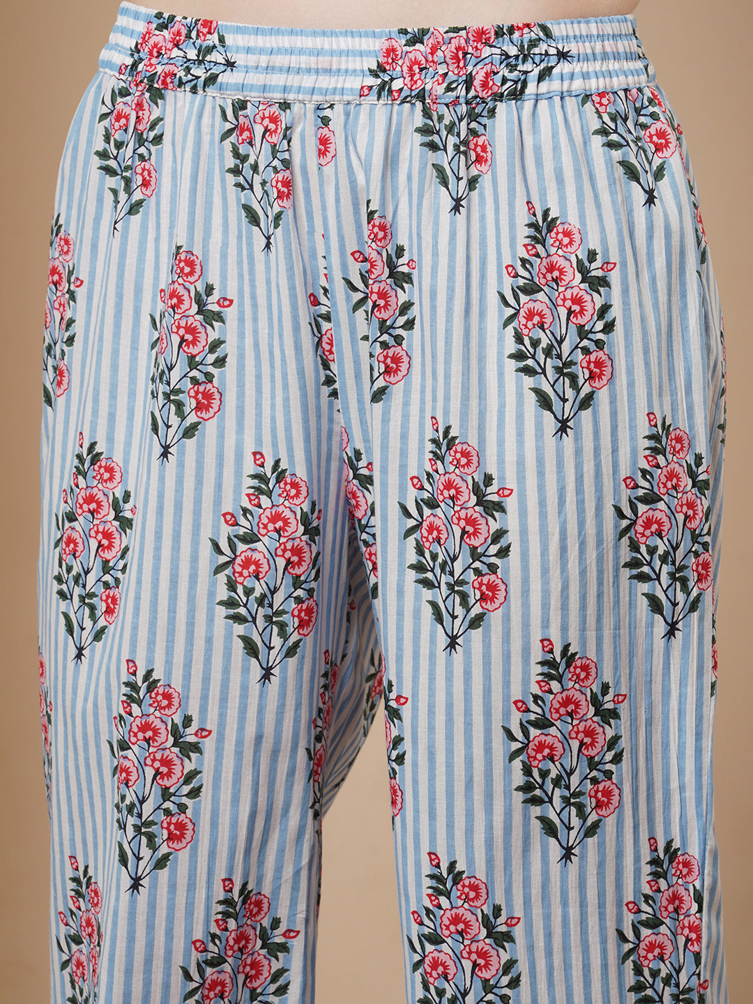 Floral & Stripes Printed & Embroidered A-Line Pleated Co-ord Set - Blue