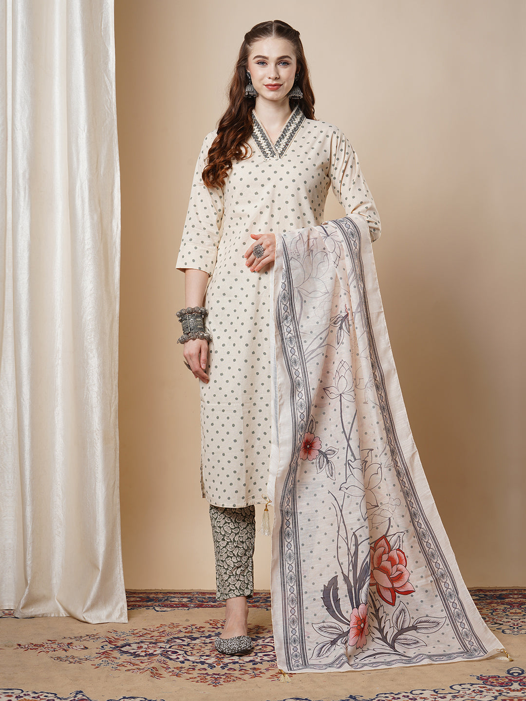 Floral & Polka Dot Printed Straight Fit Kurta & Pant with Dupatta - Off White