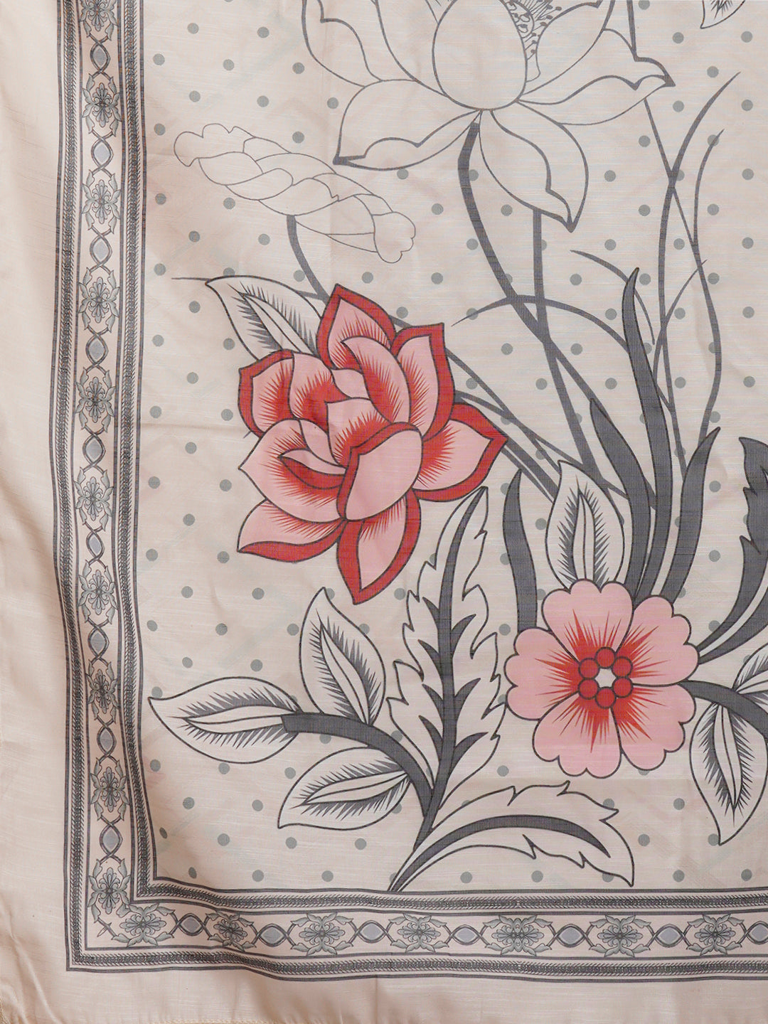 Floral & Polka Dot Printed Straight Fit Kurta & Pant with Dupatta - Off White