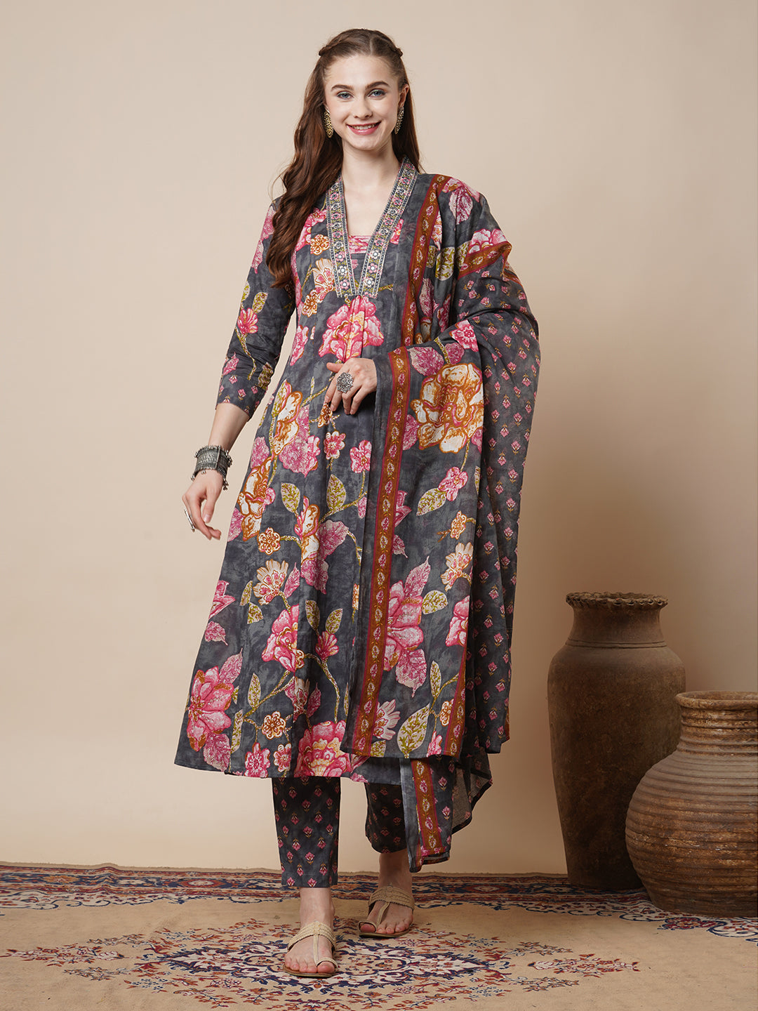 Floral Printed & Embroidered Anarkali Flared Kurta with Pant & Dupatta - Grey