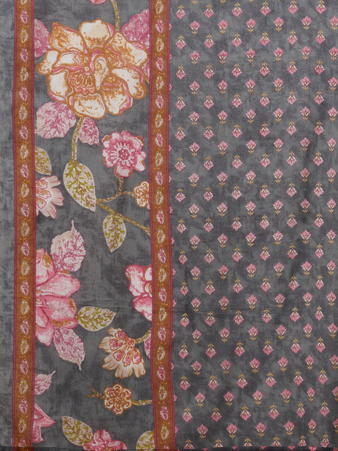 Floral Printed & Embroidered Anarkali Flared Kurta with Pant & Dupatta - Grey