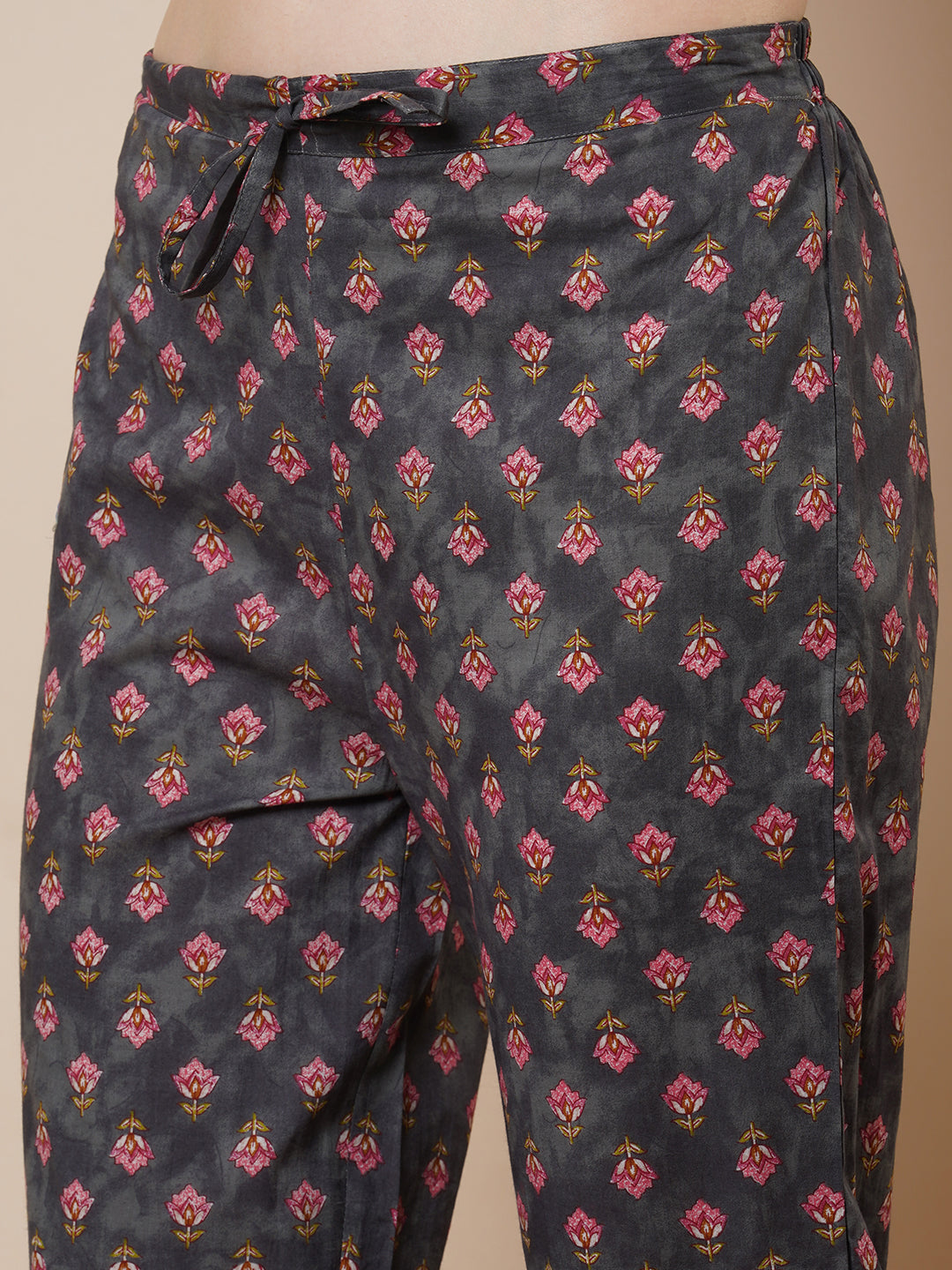 Floral Printed & Embroidered Anarkali Flared Kurta with Pant & Dupatta - Grey