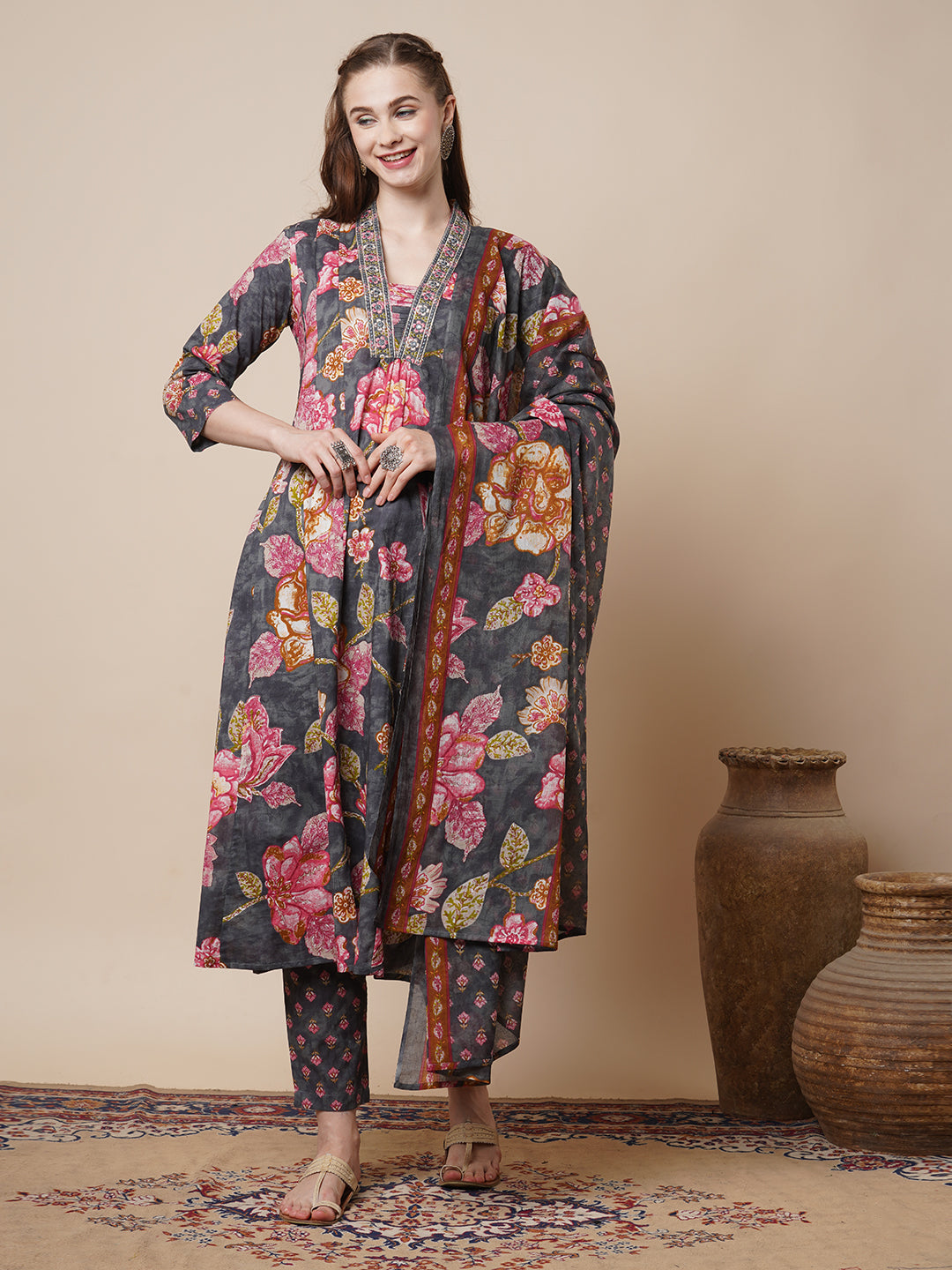 Floral Printed & Embroidered Anarkali Flared Kurta with Pant & Dupatta - Grey