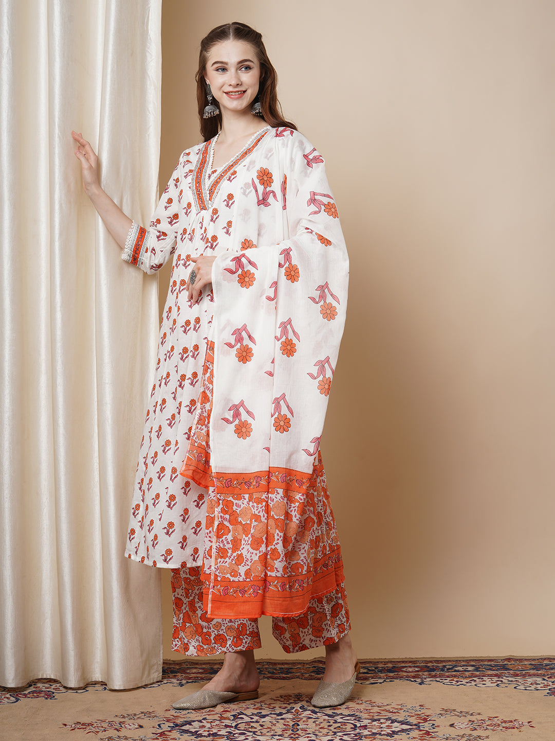 Ethnic Floral Printed & Embroidered A-Line Paneled Kurta with Palazzo and Dupatta - White