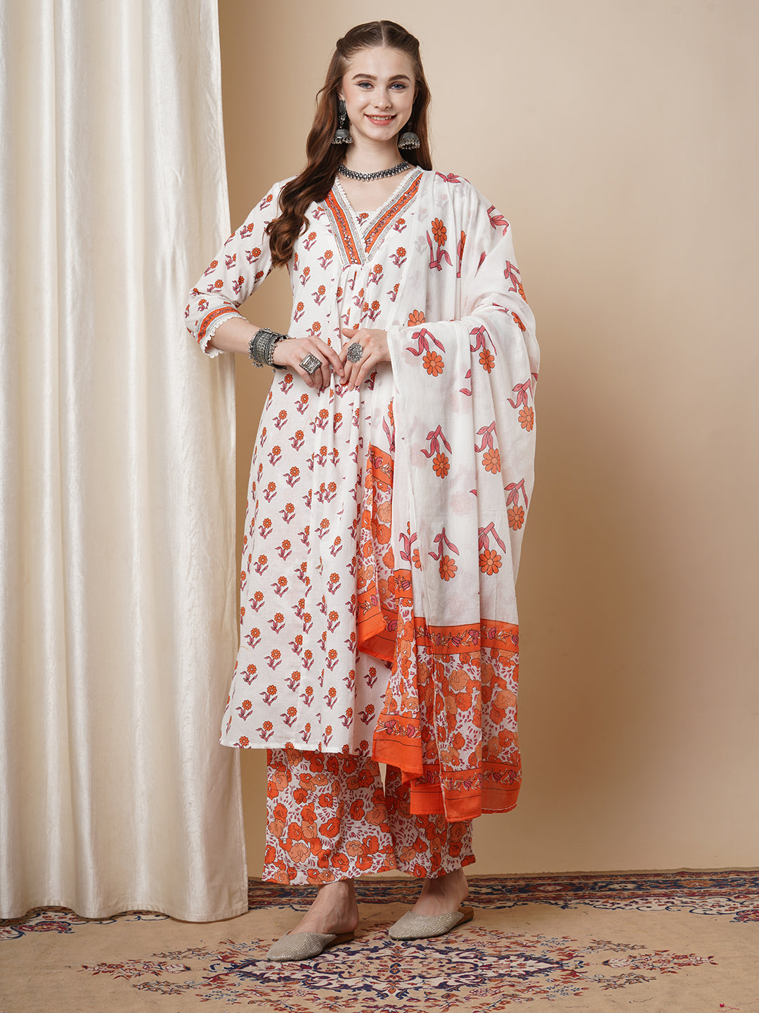 Ethnic Floral Printed & Embroidered A-Line Paneled Kurta with Palazzo and Dupatta - White