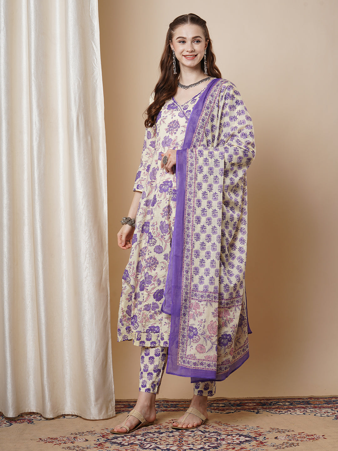 Ethnic Printed & Embroidered Anarkali Kurta with Palazzo & Pure Cotton Dupatta - Off White