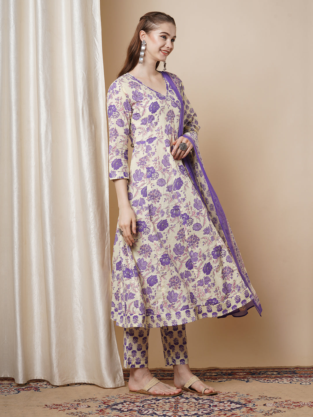 Ethnic Printed & Embroidered Anarkali Kurta with Palazzo & Pure Cotton Dupatta - Off White