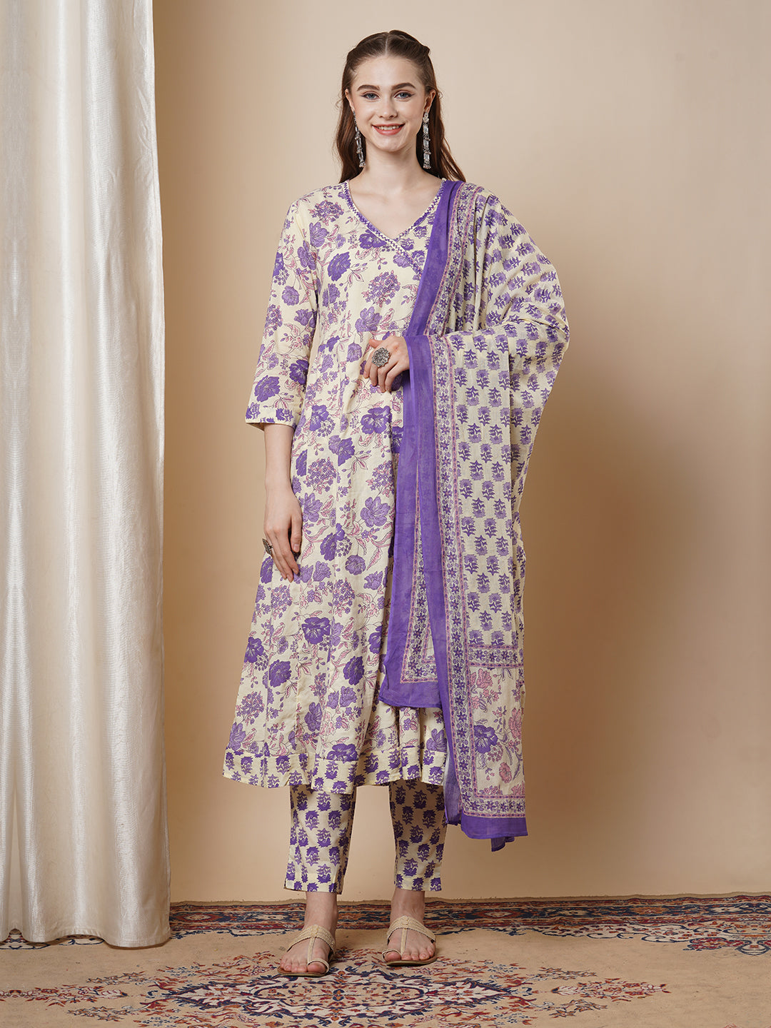 Ethnic Printed & Embroidered Anarkali Kurta with Palazzo & Pure Cotton Dupatta - Off White