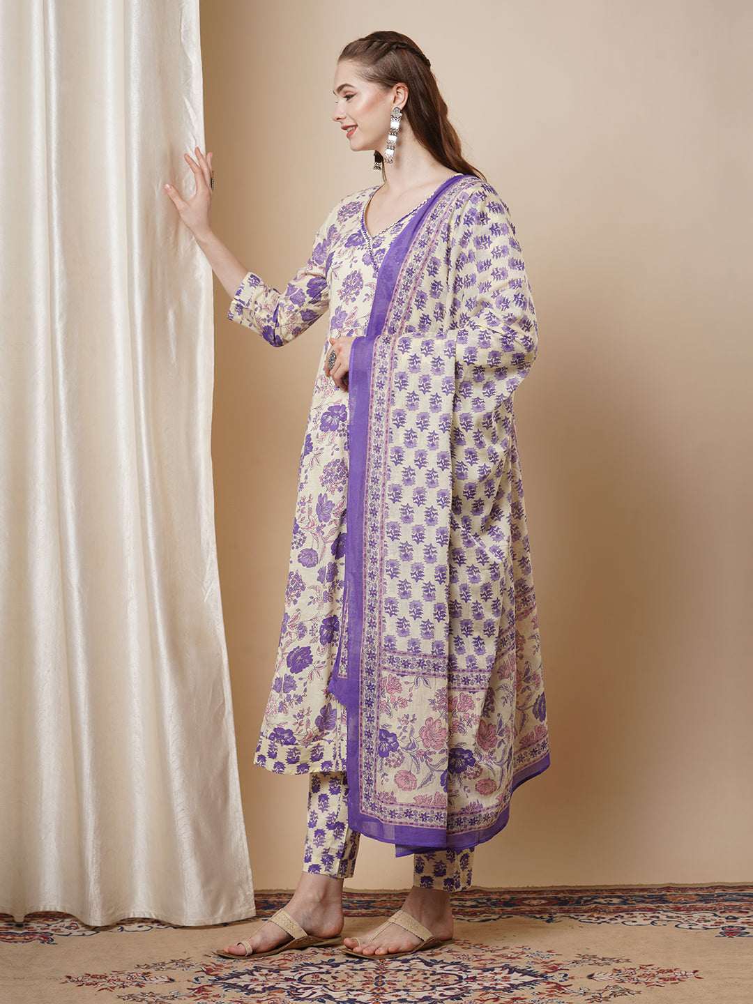 Ethnic Printed & Embroidered Anarkali Kurta with Palazzo & Pure Cotton Dupatta - Off White