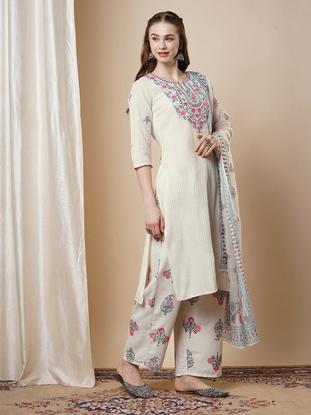 Ethnic Floral Embroidered Straight Fit Kurta Set -Off White