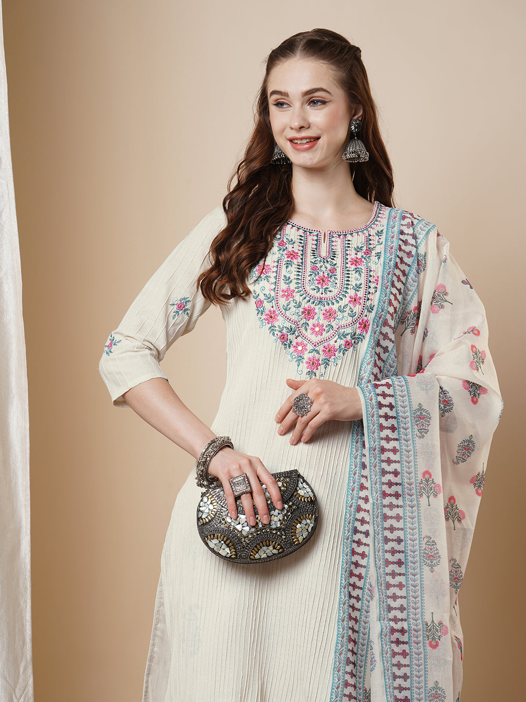 Ethnic Floral Embroidered Straight Fit Kurta Set -Off White