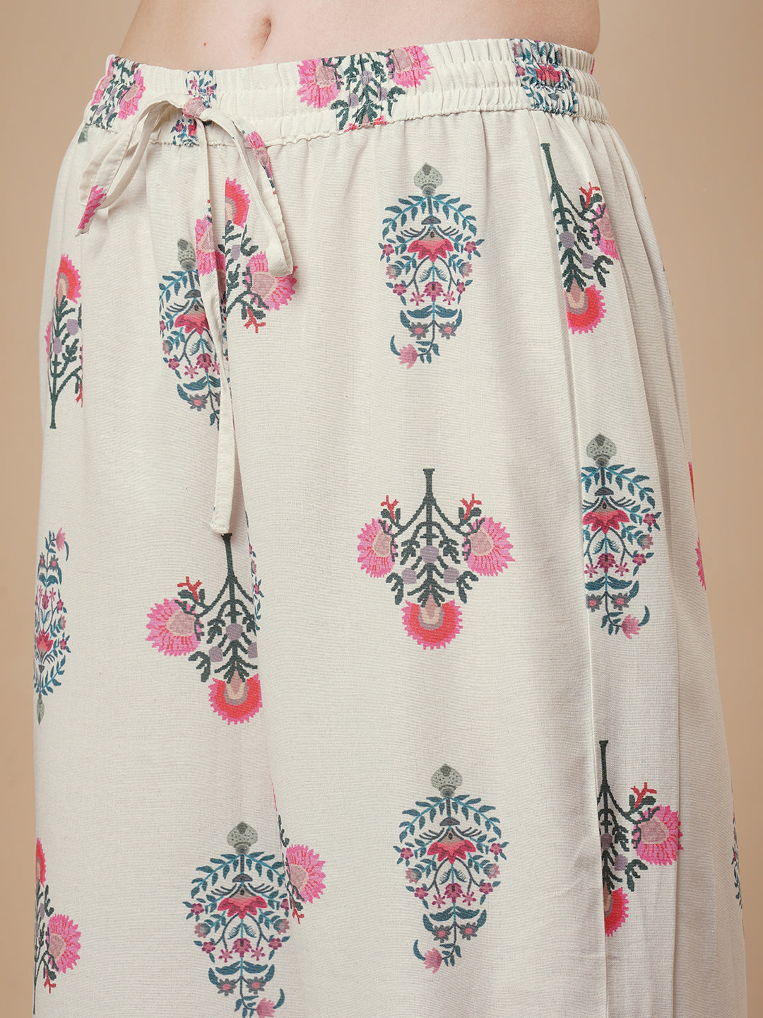 Ethnic Floral Embroidered Straight Fit Kurta Set -Off White