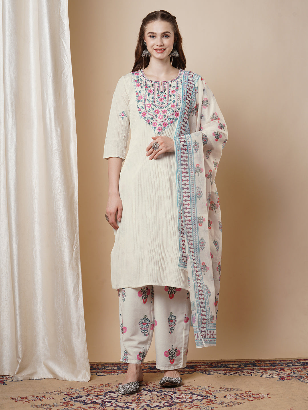 Ethnic Floral Embroidered Straight Fit Kurta Set -Off White