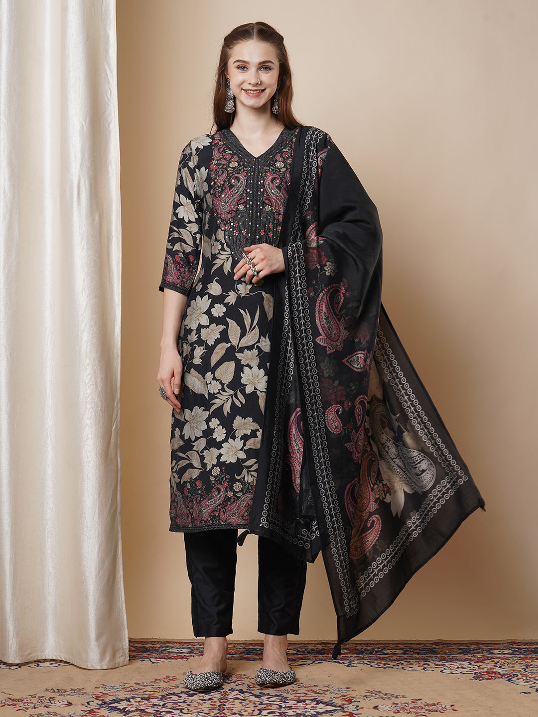 Ethnic Floral Printed Embroidered Muslin Silk Kurta with Pant & Dupatta - Navy Blue