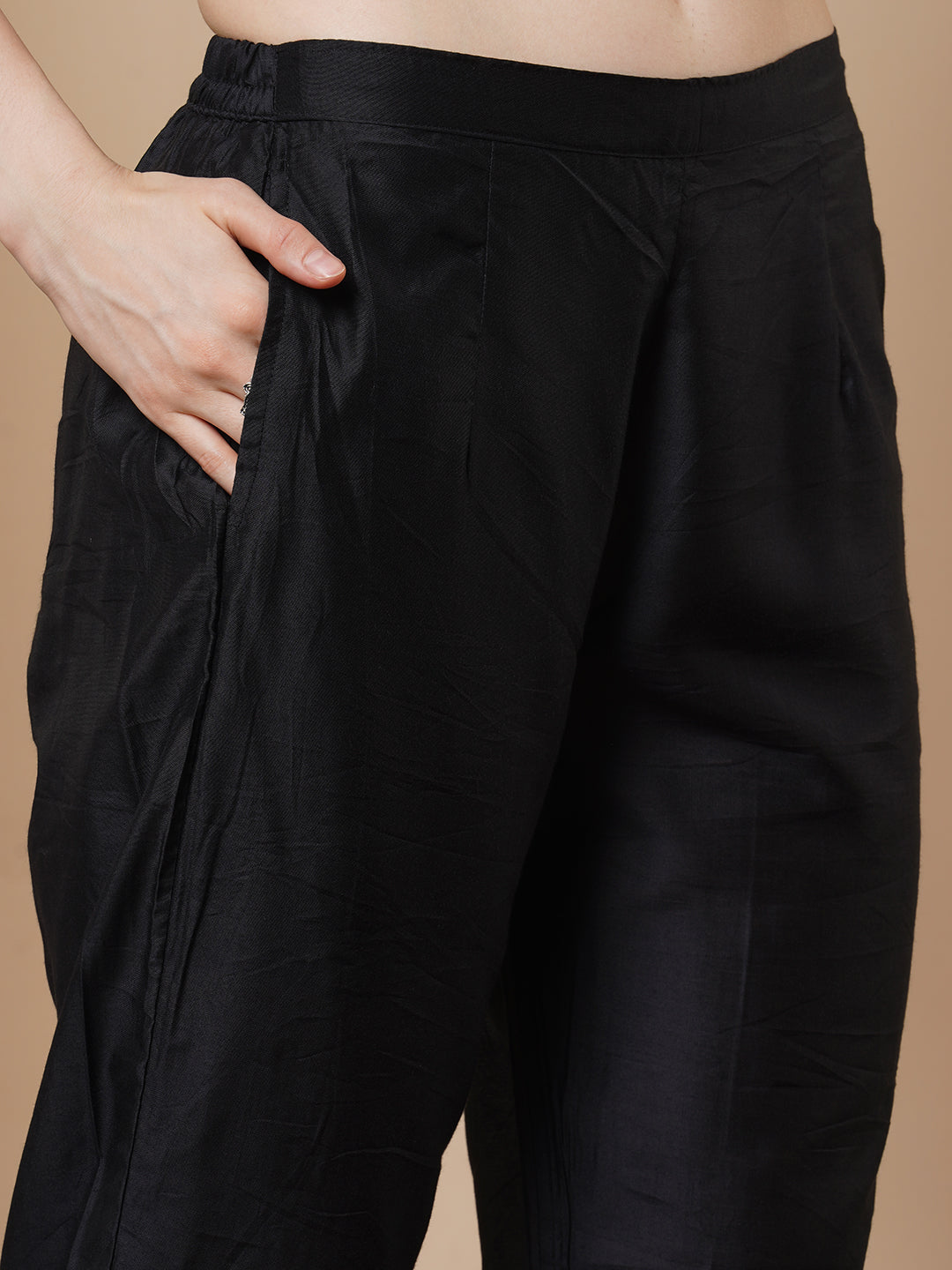 Ethnic Floral Printed Embroidered Muslin Silk Kurta with Pant & Dupatta - Navy Blue