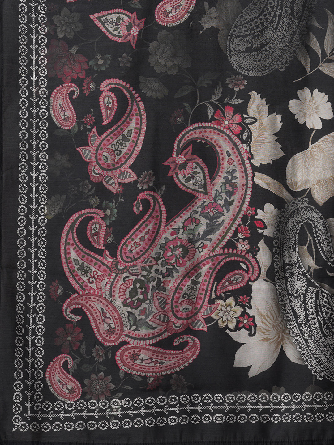 Ethnic Floral Printed Embroidered Muslin Silk Kurta with Pant & Dupatta - Navy Blue