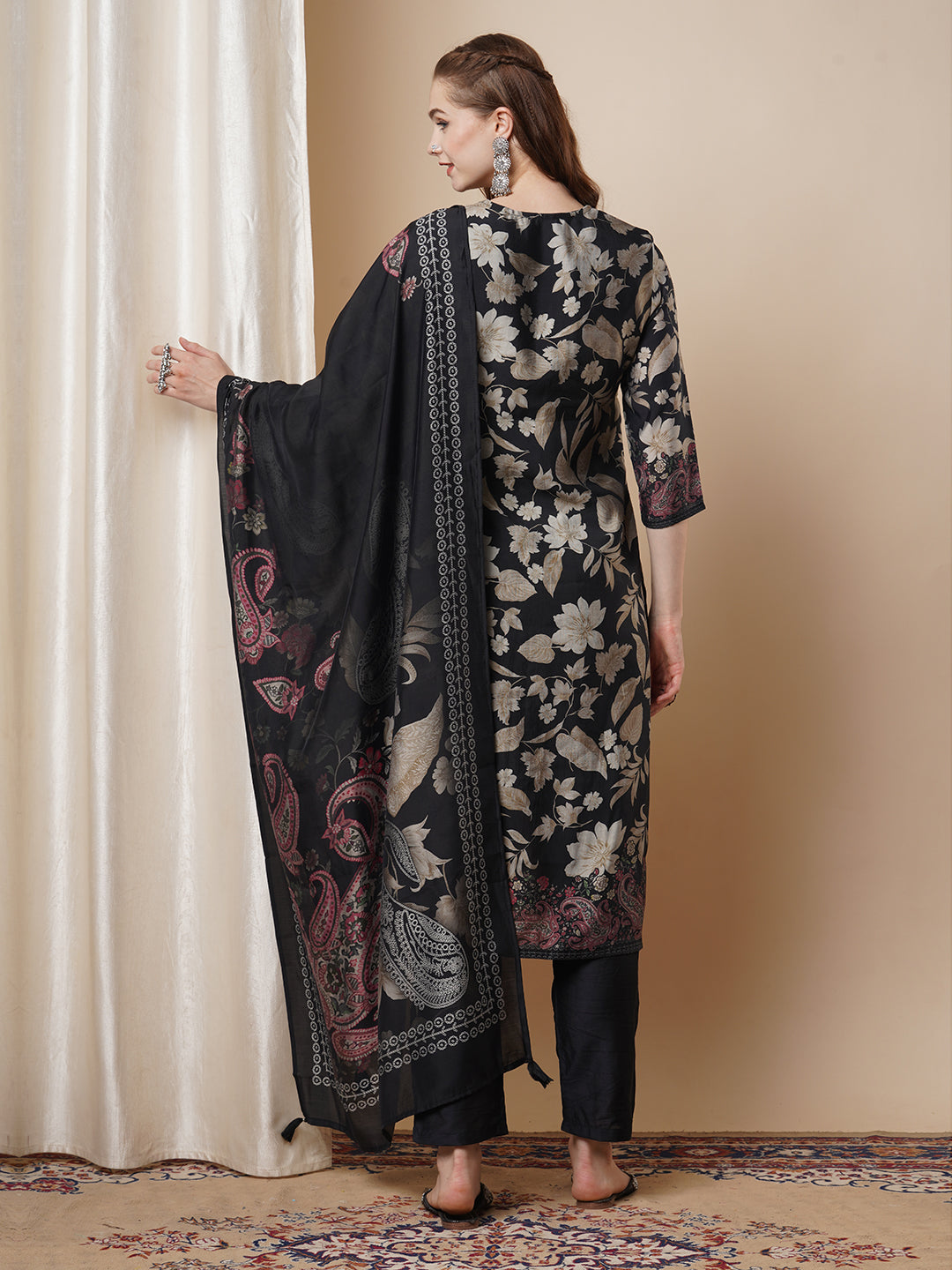Ethnic Floral Printed Embroidered Muslin Silk Kurta with Pant & Dupatta - Navy Blue