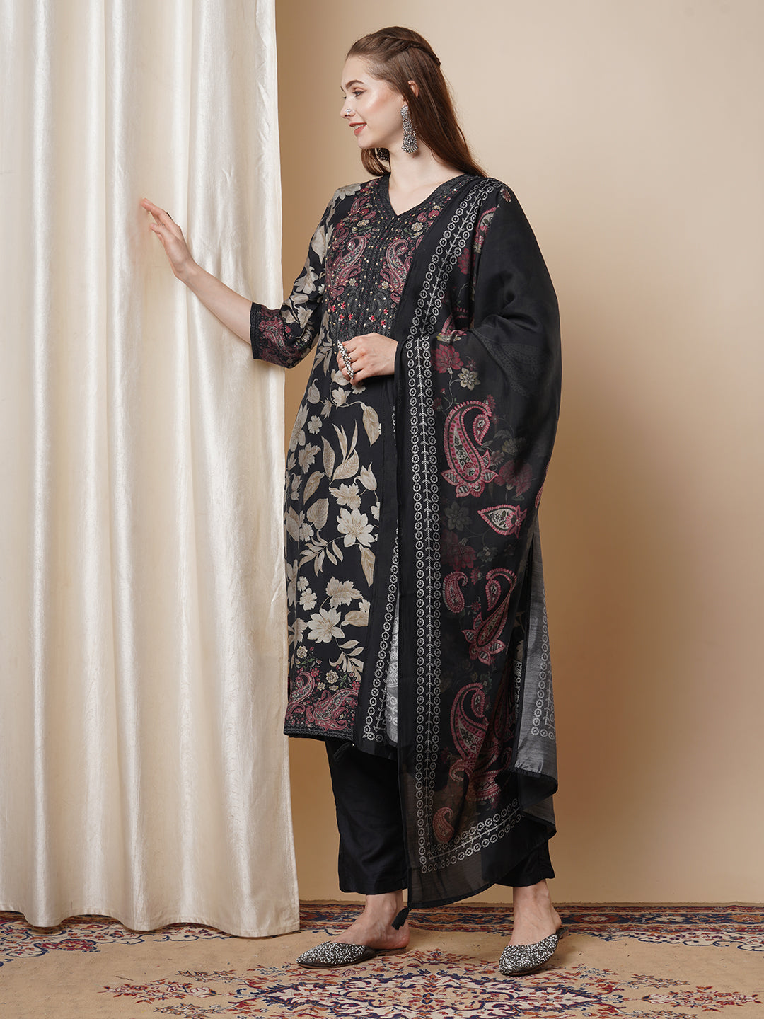 Ethnic Floral Printed Embroidered Muslin Silk Kurta with Pant & Dupatta - Navy Blue