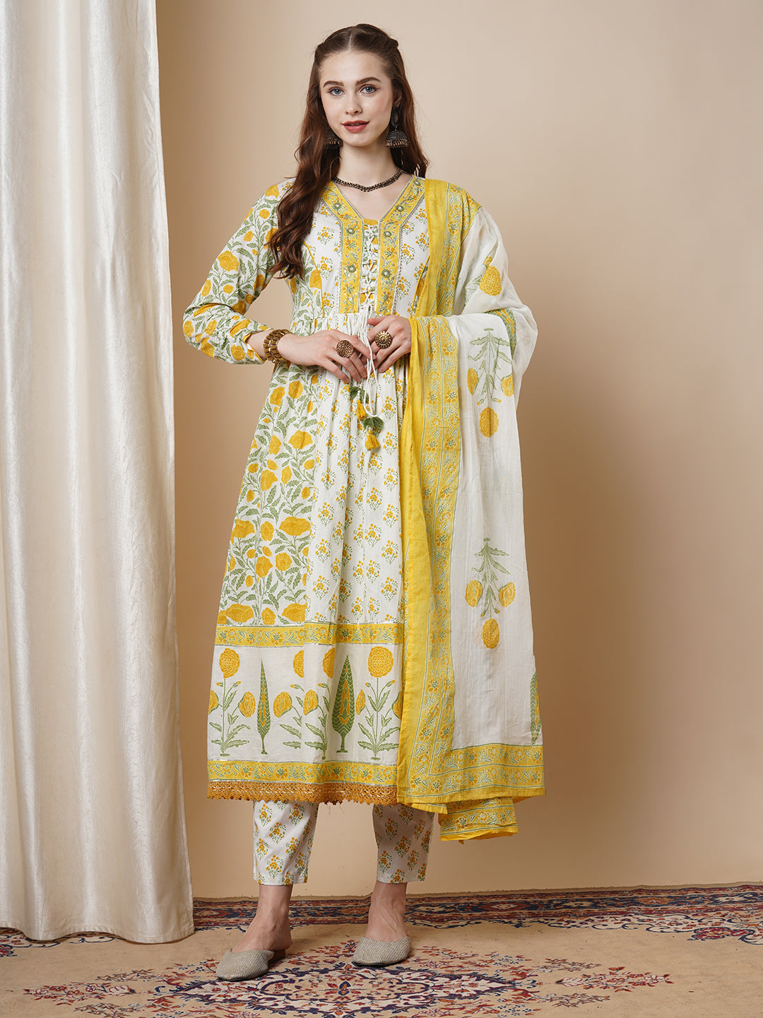 Floral Khari Printed & Embroidered Anarkali Flared Kurta with Pant & Dupatta - White