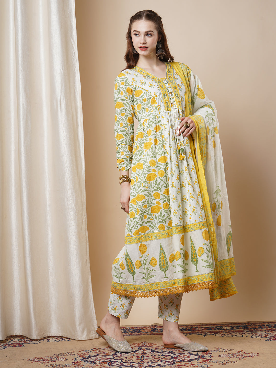 Floral Khari Printed & Embroidered Anarkali Flared Kurta with Pant & Dupatta - White