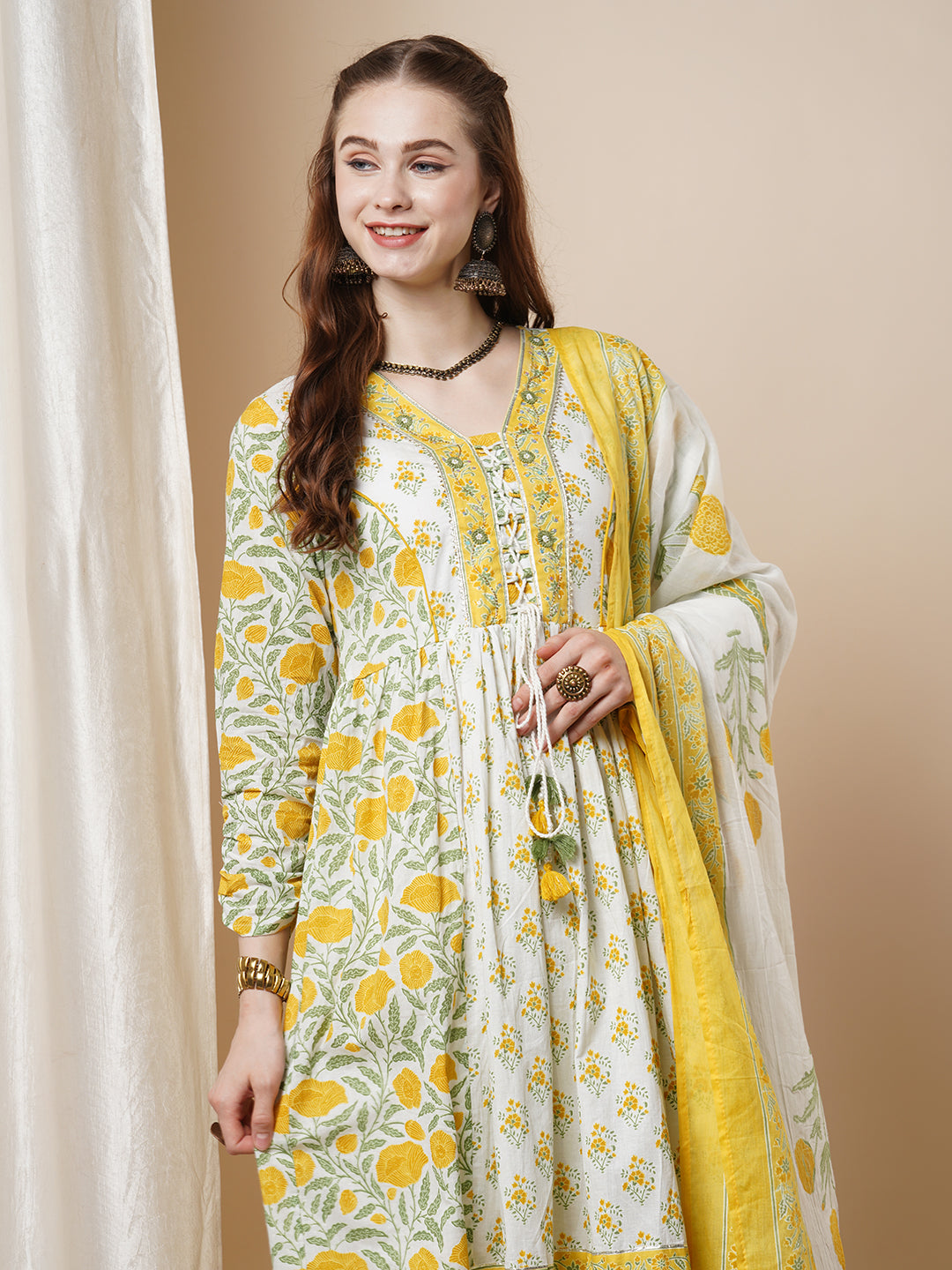 Floral Khari Printed & Embroidered Anarkali Flared Kurta with Pant & Dupatta - White