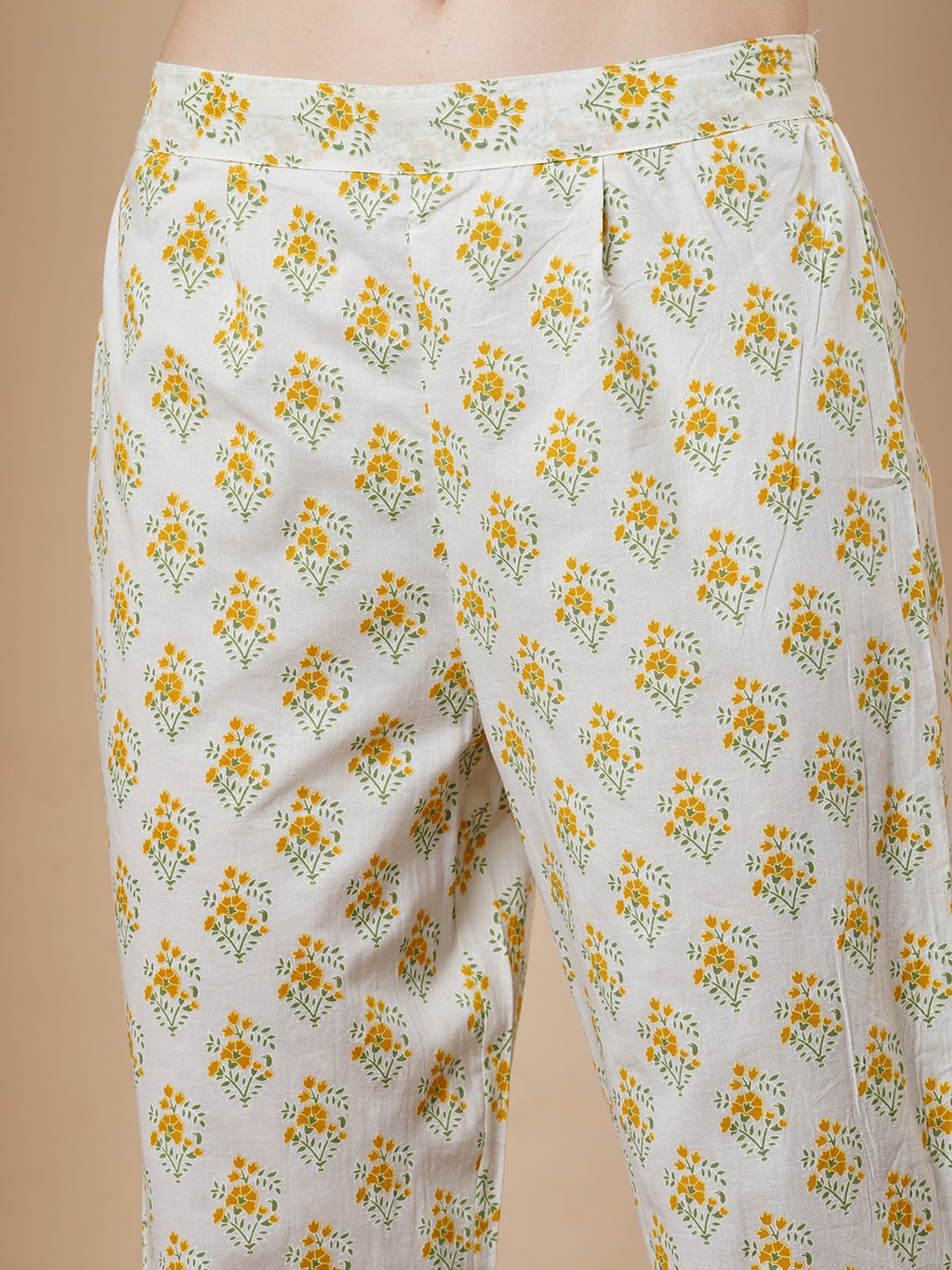 Floral Khari Printed & Embroidered Anarkali Flared Kurta with Pant & Dupatta - White