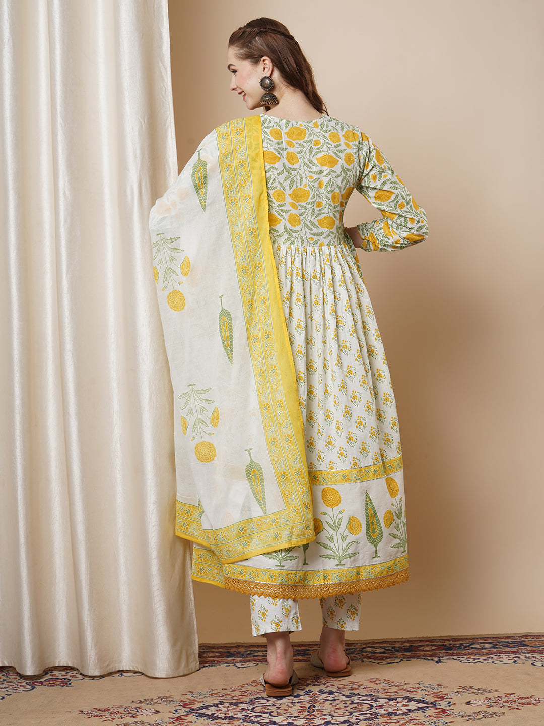 Floral Khari Printed & Embroidered Anarkali Flared Kurta with Pant & Dupatta - White