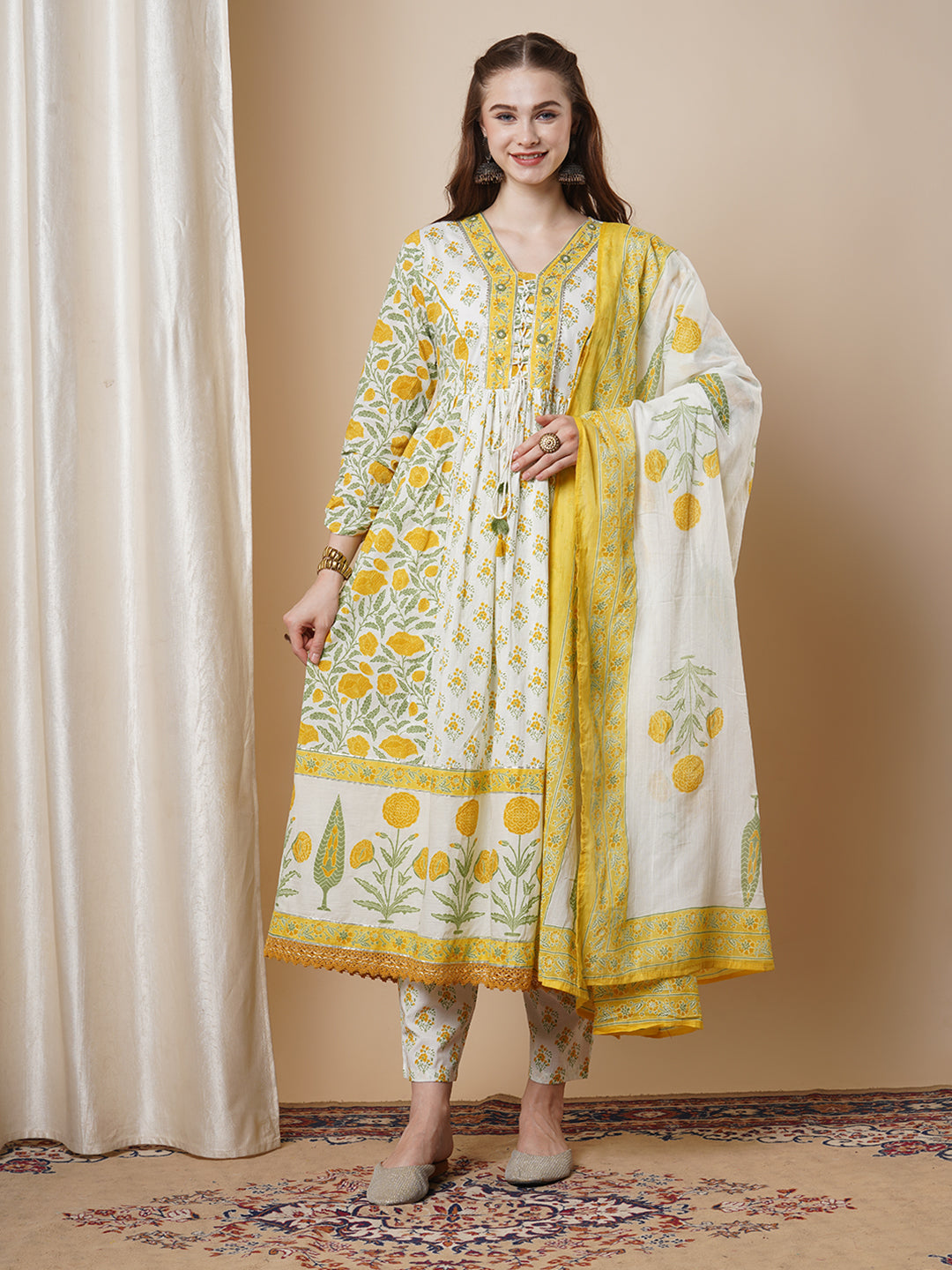 Floral Khari Printed & Embroidered Anarkali Flared Kurta with Pant & Dupatta - White