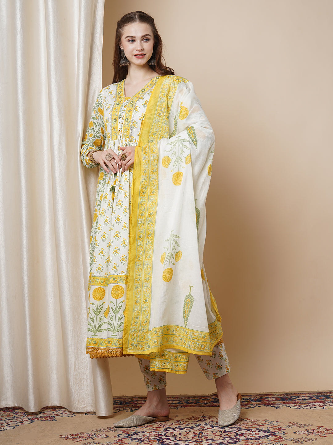Floral Khari Printed & Embroidered Anarkali Flared Kurta with Pant & Dupatta - White
