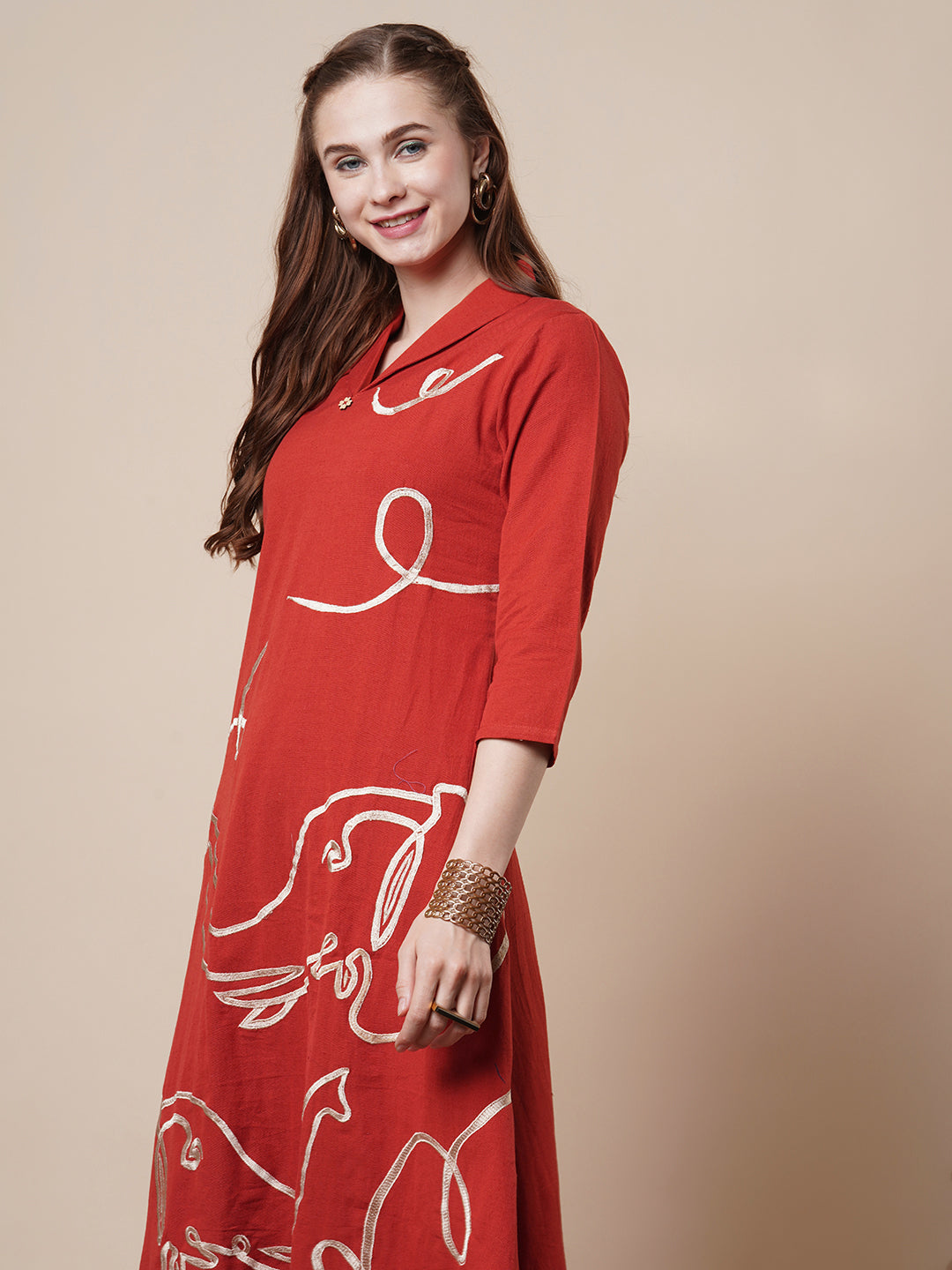 Solid Elephant Threadwork Embroidered A-Line Flared Midi Dress - Rust