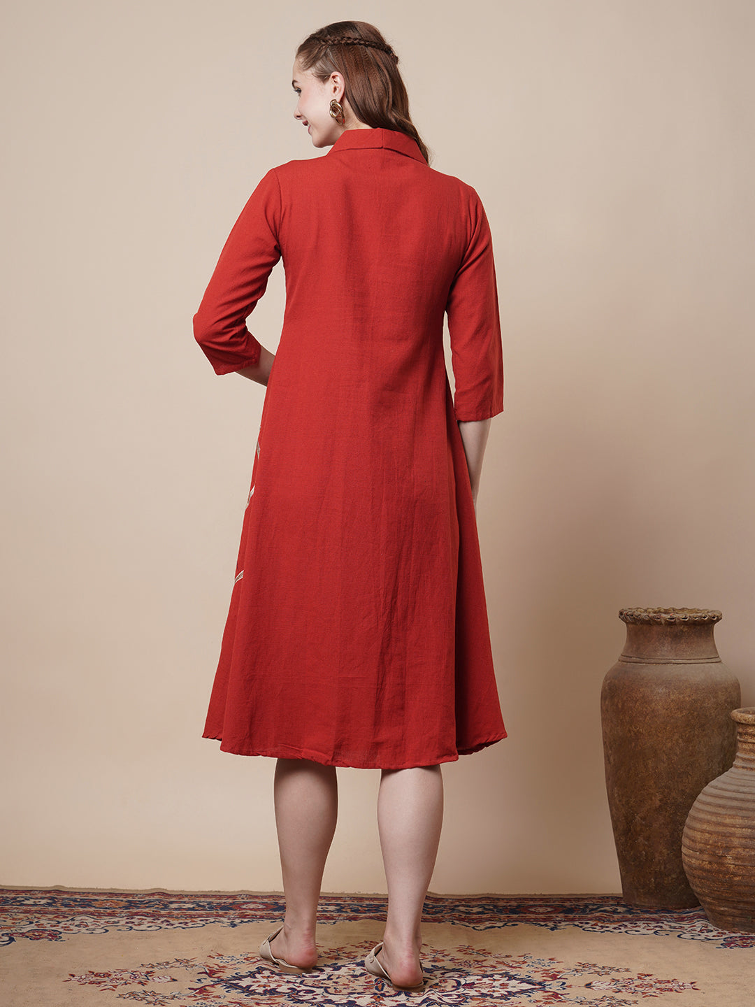 Solid Elephant Threadwork Embroidered A-Line Flared Midi Dress - Rust