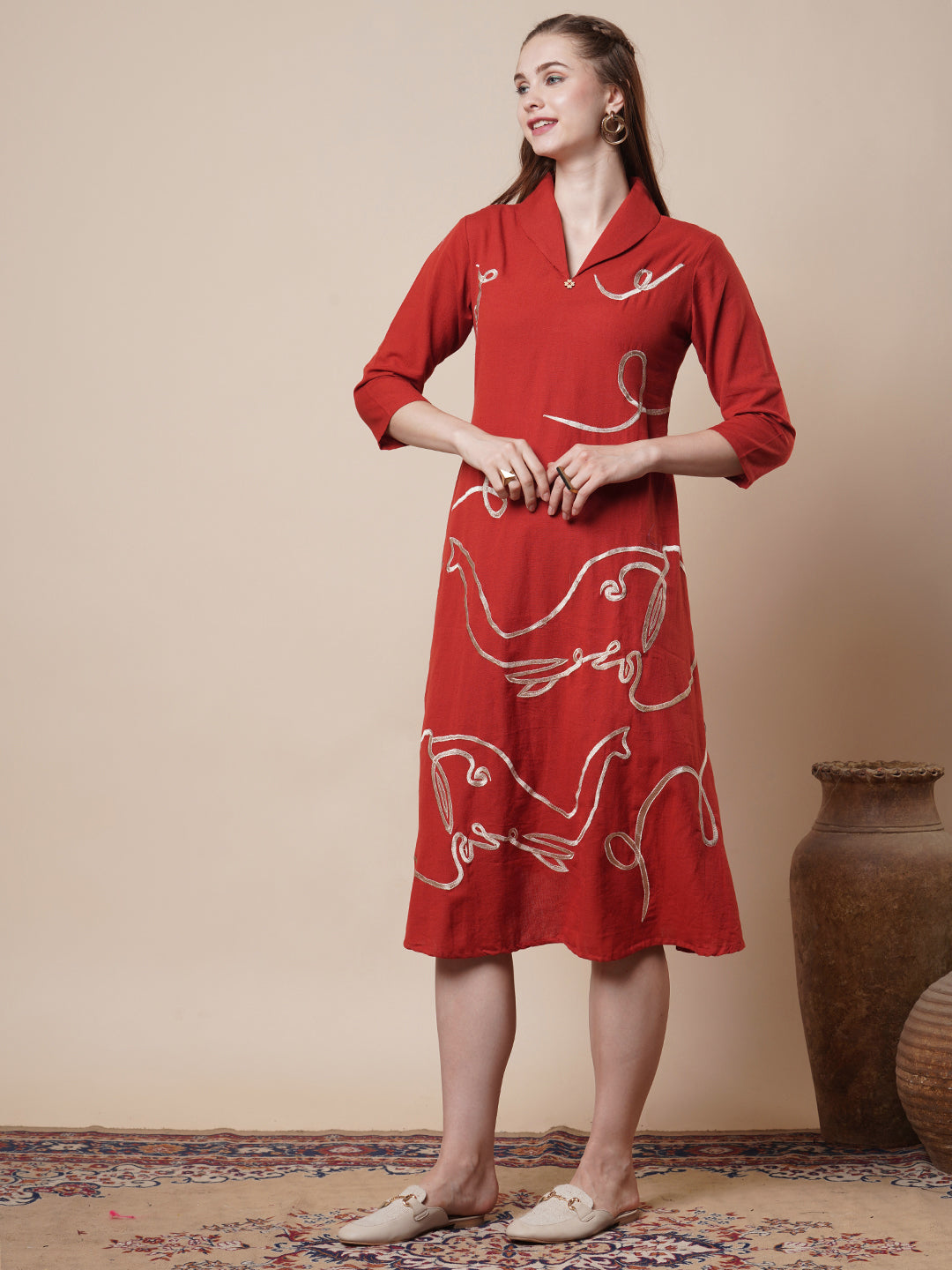 Solid Elephant Threadwork Embroidered A-Line Flared Midi Dress - Rust