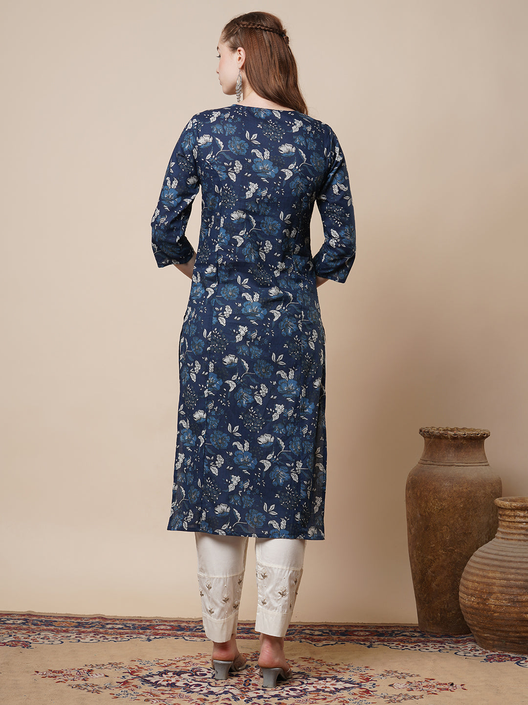 Ethnic & Floral Printed & Sequin Embroidered Straight Fit Kurta - Blue
