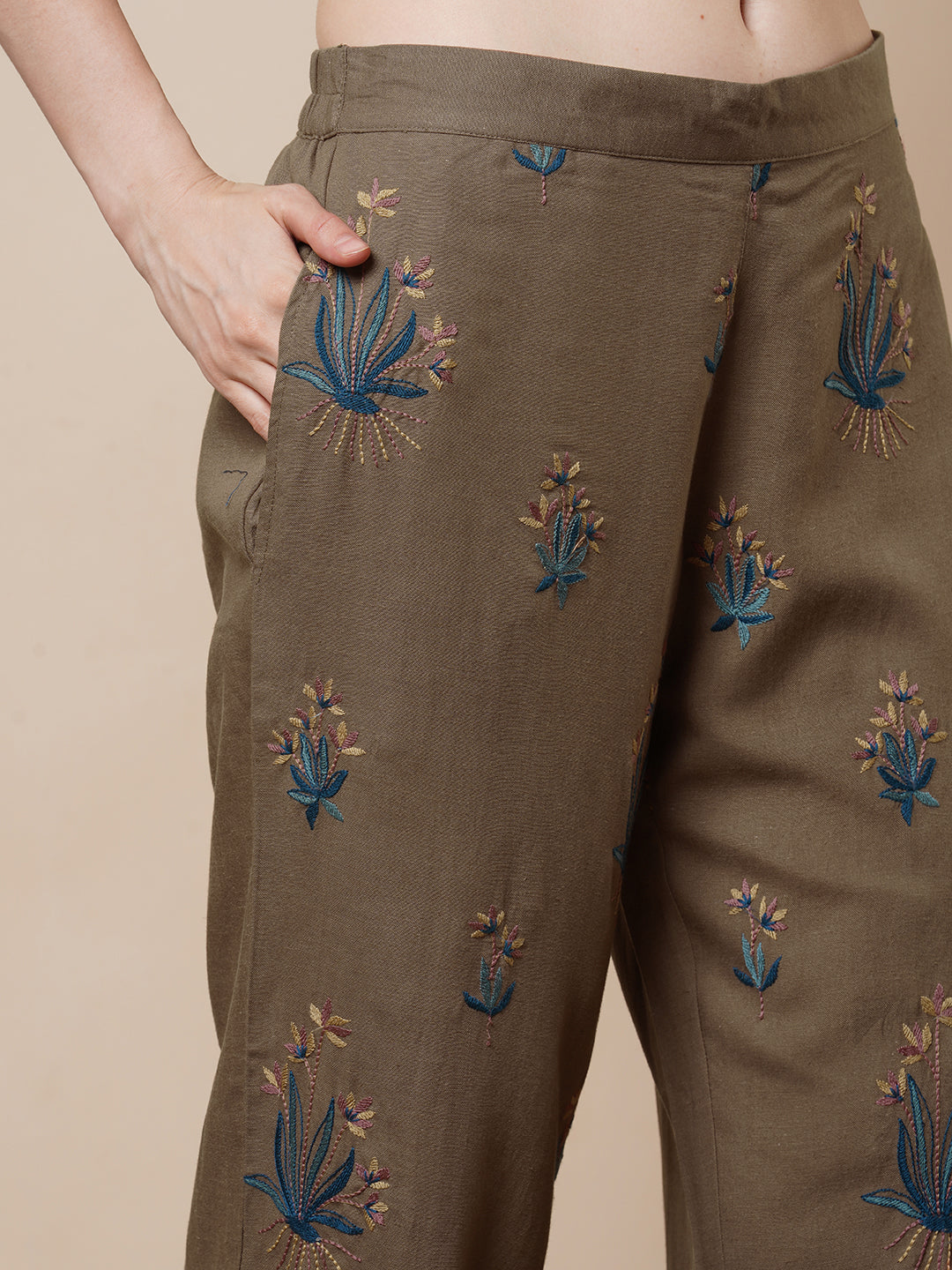 Solid Floral Thread Embroidered Cotton Straight Fit Co-ord Set - Brown