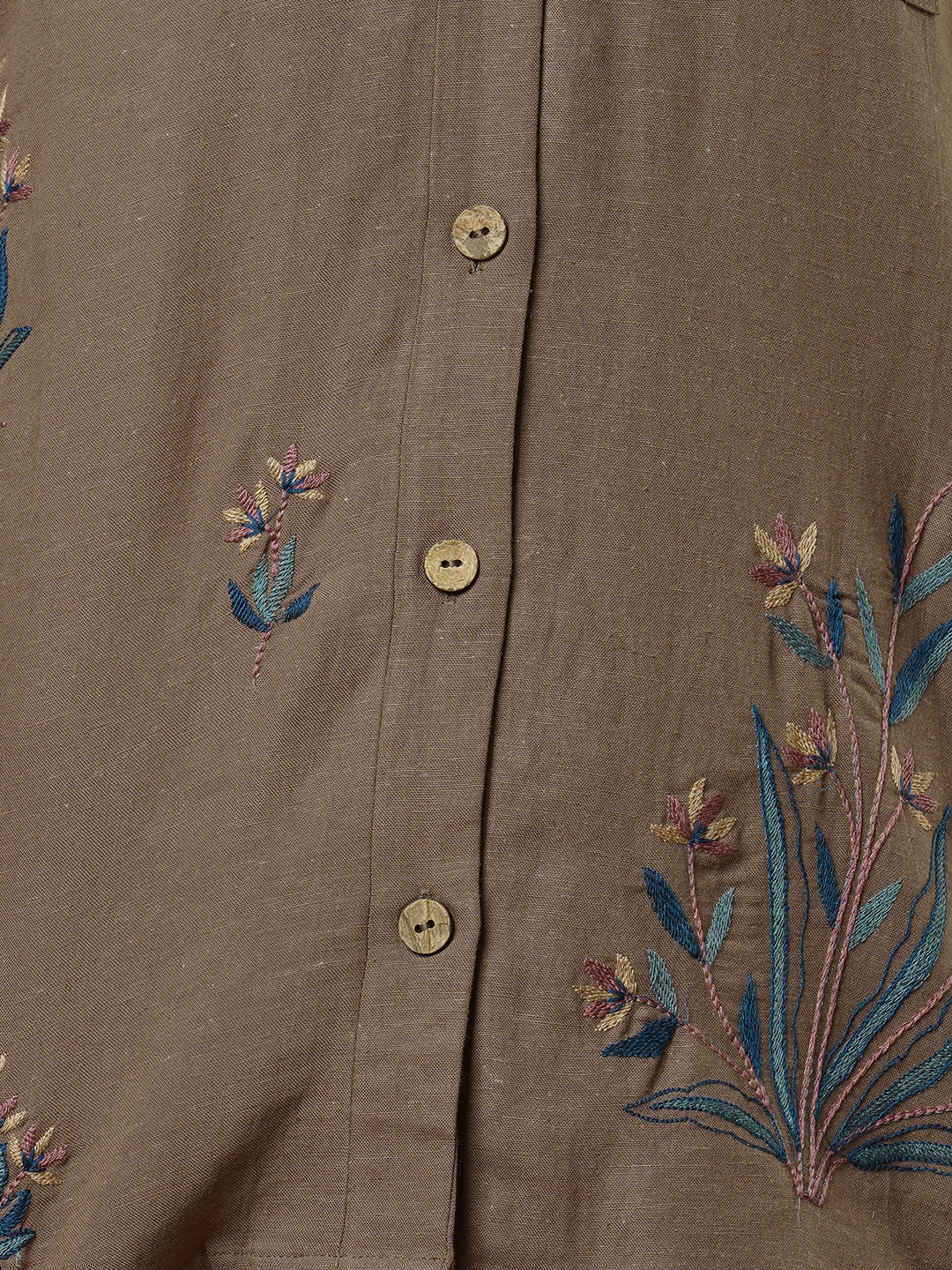 Solid Floral Thread Embroidered Cotton Straight Fit Co-ord Set - Brown