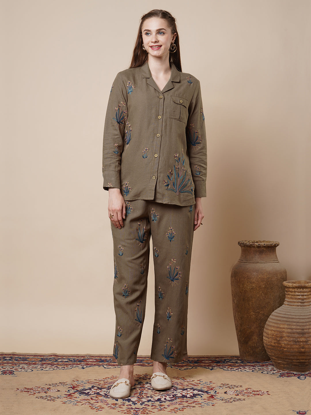 Solid Floral Thread Embroidered Cotton Straight Fit Co-ord Set - Brown