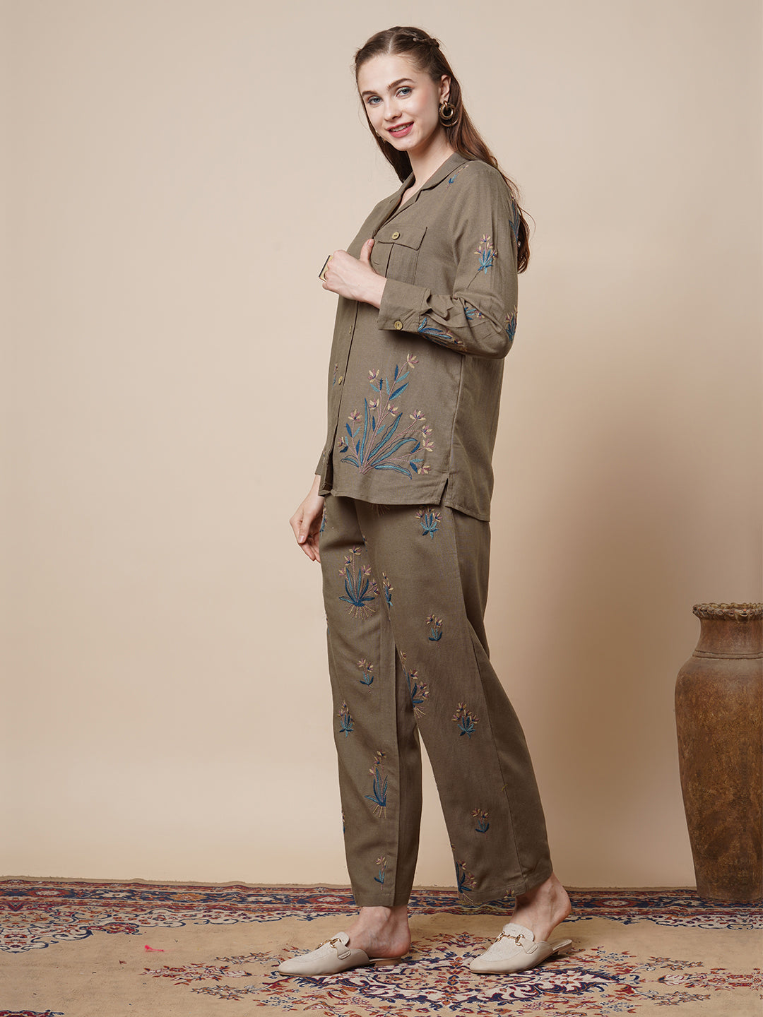 Solid Floral Thread Embroidered Cotton Straight Fit Co-ord Set - Brown