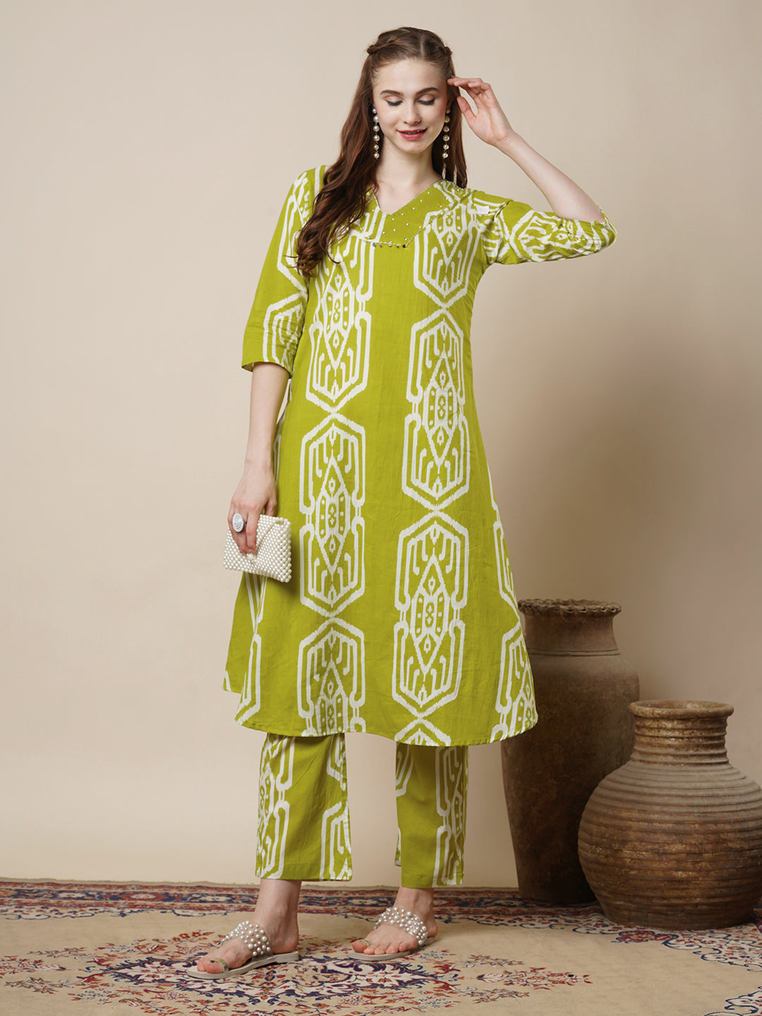 Ethnic Ikat Printed A-Line Flared Co-ord Set - Lime Green