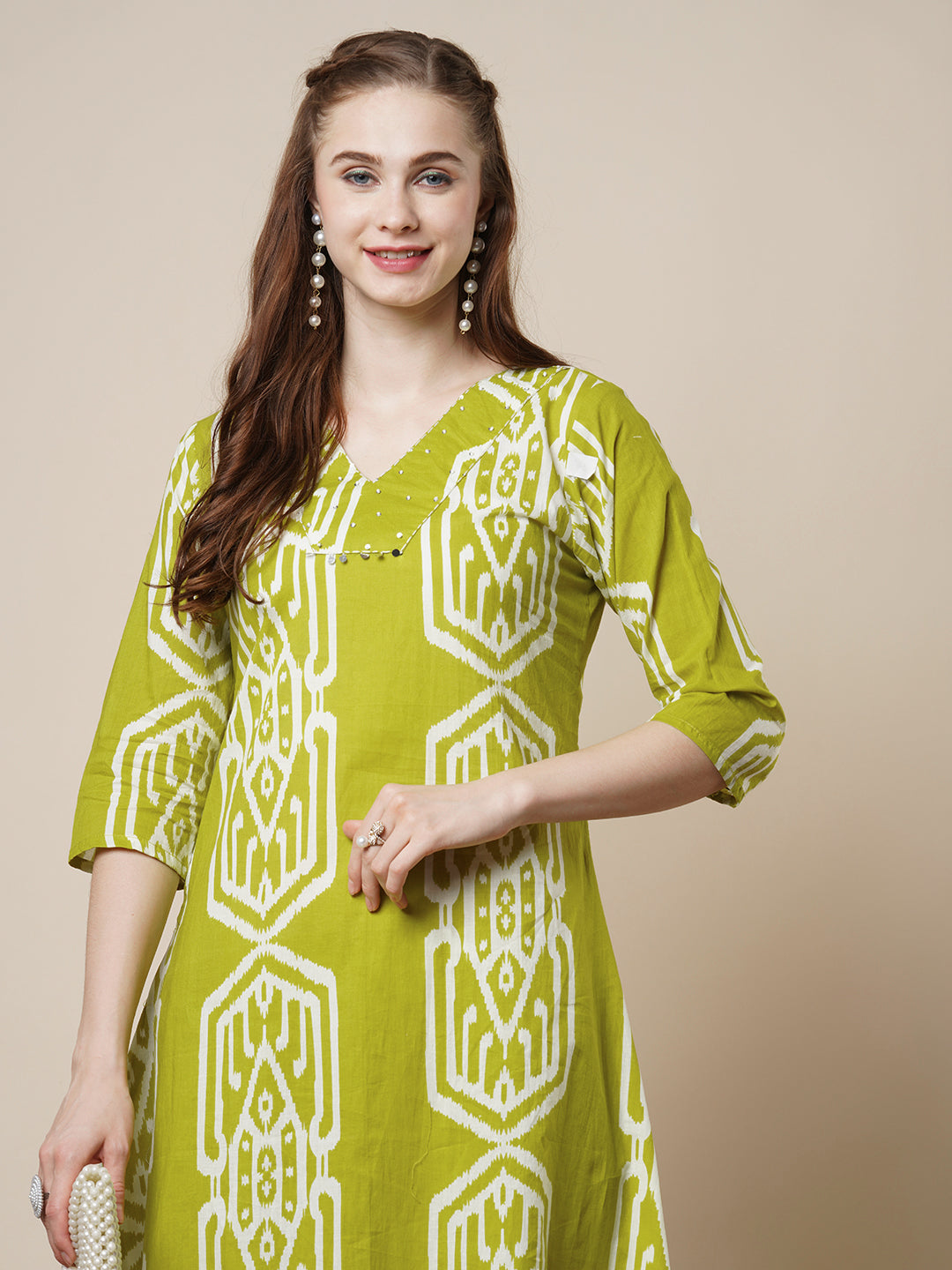 Ethnic Ikat Printed A-Line Flared Co-ord Set - Lime Green