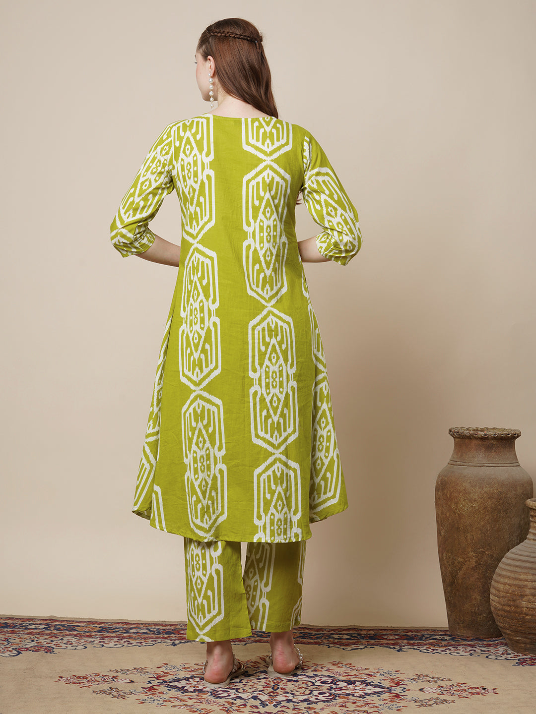 Ethnic Ikat Printed A-Line Flared Co-ord Set - Lime Green