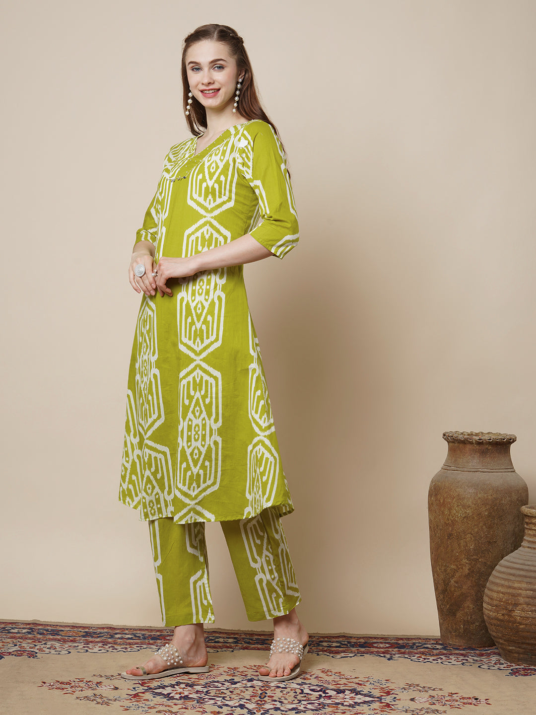 Ethnic Ikat Printed A-Line Flared Co-ord Set - Lime Green