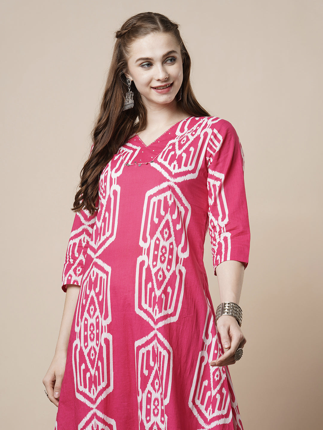 Ethnic Ikat Printed A-Line Flared Co-ord Set - Pink
